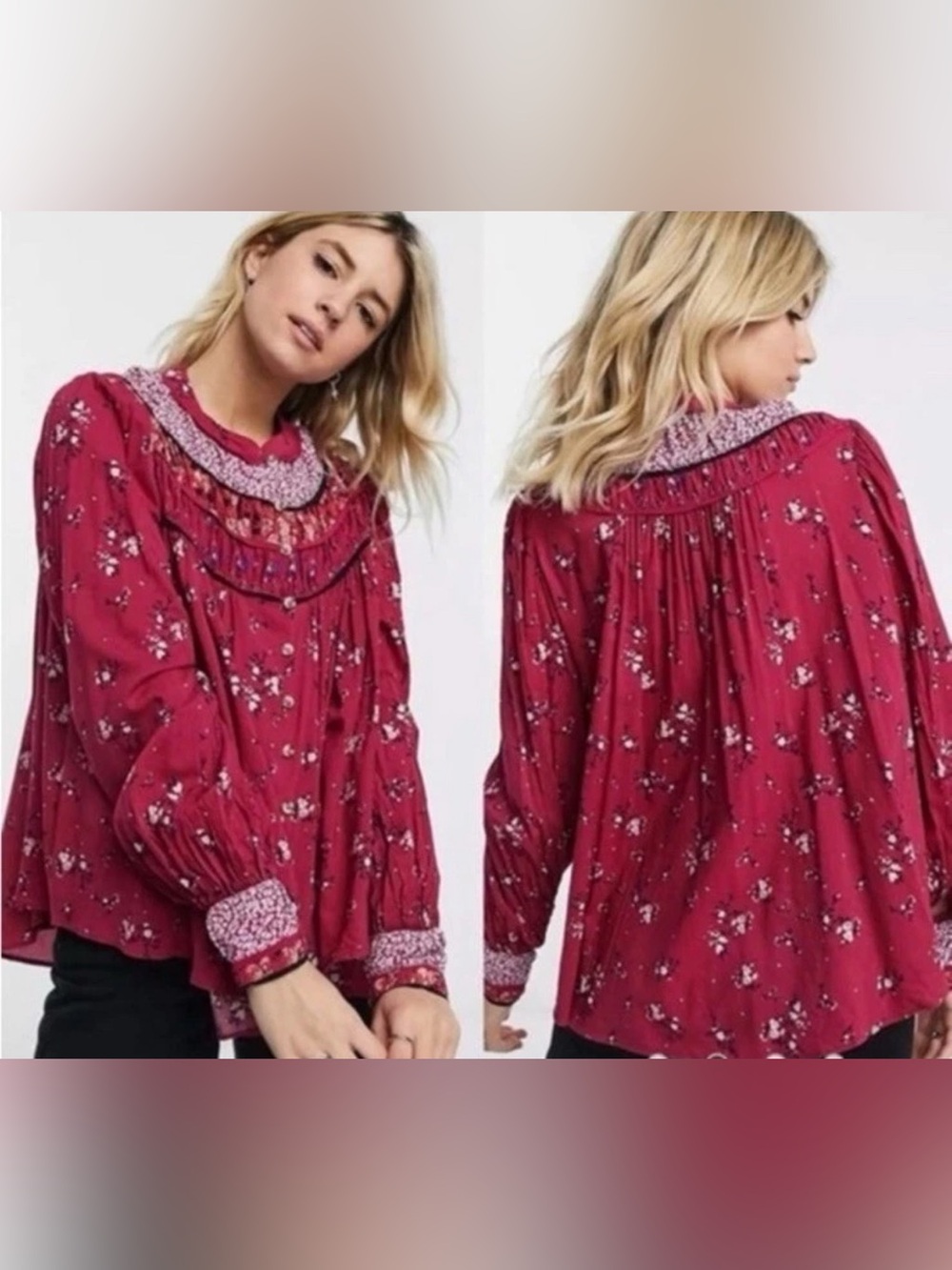 Free People Paloma Floral Button Up Peasant Top Berry Combo Medium